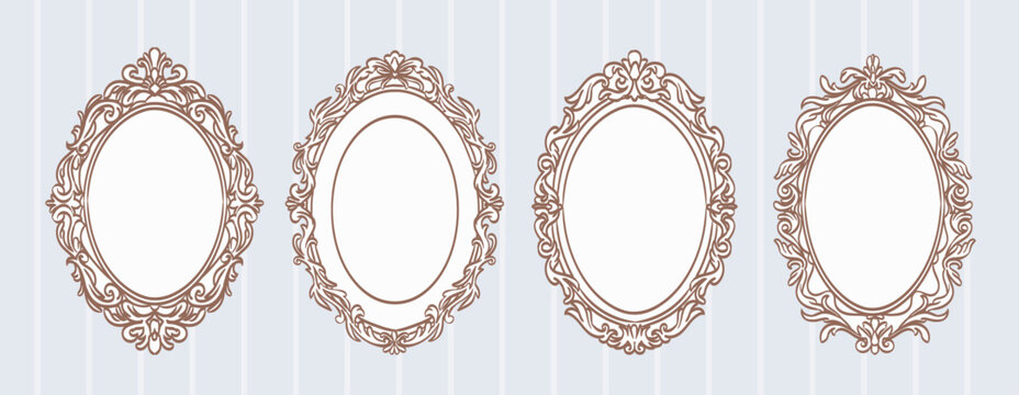 Victorian vintage oval frame set. Royal baroque border with classic floral antique ornament. Luxury elegant mirror, rococo ornate decorative shape with copy space. Wedding or birthday frame kit.