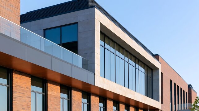 Modern building facade with glass   stone cladding  and brickwork under clear blue sky