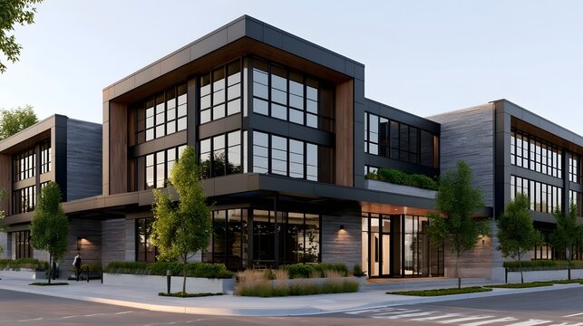 Modern commercial building with glass   wood accents  and landscaped frontage under clear sky