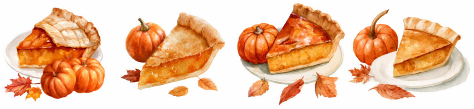 Pumpkin pie slices with fall pumpkins and autumn leaves, creating a cozy watercolor illustration for seasonal harvest, thanksgiving, and holiday dessert themes
