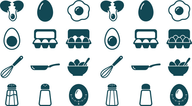 Set of kitchen icons related to eggs, cooking, and breakfast preparation, including whisk, frying pan, salt shaker, and egg timer