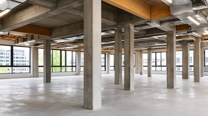Obraz premium Large open concrete space with exposed beams and pillars featuring large and industrial ceiling infrastructure