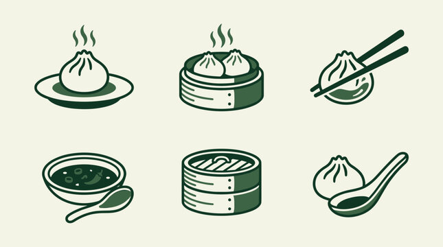 Set of dim sum icons including steamed dumplings in bamboo steamer, soup, and chopsticks, minimalist vector illustration