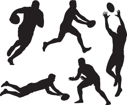 Silhouetted Rugby Players Running on Field During Match