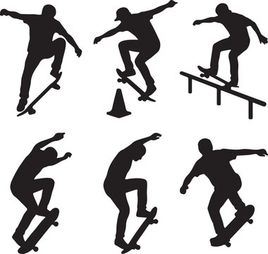 Silhouettes of Skateboarders Performing Tricks at Sunset