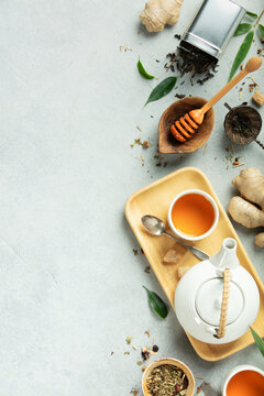 Natural Tea and Wellness Flat Lay with Herbs, Honey, and Ginger