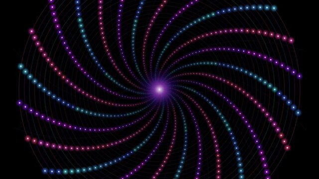 Abstract neon spiral background, glowing dotted light tunnel, futuristic purple and blue particle vortex for music visuals