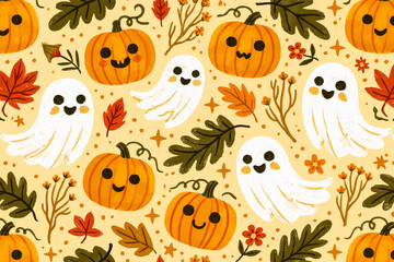 Fototapeta premium ハロウィンのかわいいおばけとカボチャのシームレスパターン