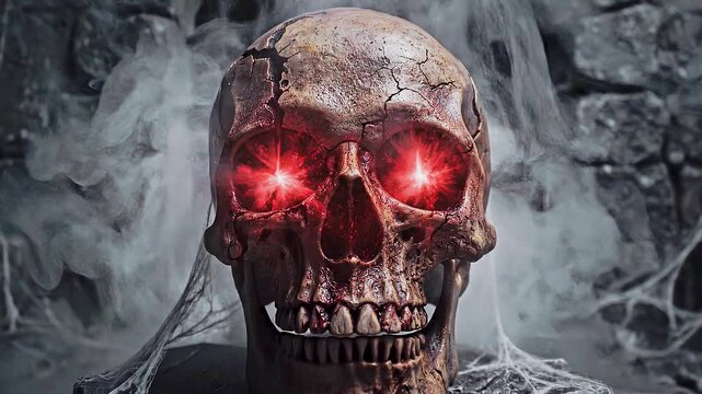 Calavera oscura con ojos brillantes rodeada de humo y niebla, creando una atm&oacute;sfera terror&iacute;fica y misteriosa ideal para Halloween, piratas, horror y fantas&iacute;a.