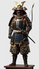 Fototapeta premium Japanese samurai warrior full armor with sword and bow. Ancient ornate battle suit worn by historical fighter. Traditional warrior outfit, combat gear.