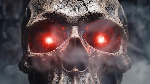 Calavera oscura con ojos brillantes rodeada de humo y niebla, creando una atm&oacute;sfera terror&iacute;fica y misteriosa ideal para Halloween, piratas, horror y fantas&iacute;a.