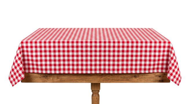 Wooden table with a classic red and white checkered tablecloth for picnics