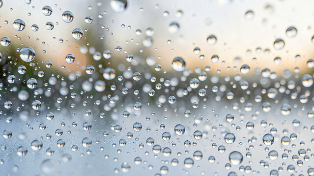 Water droplets forming a dense field of tiny micro droplets on clear glass pane