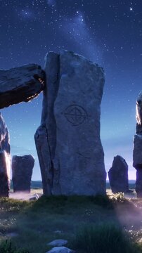 Vertical video: Pulsing fissure glow lighting mist, showing monolith symbol and capstone on moor