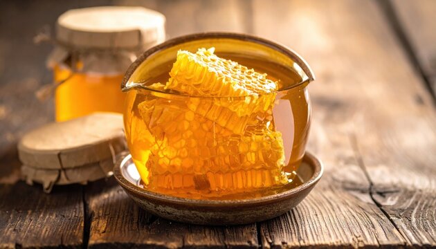 Artisanal Honeycomb Sections Within Glass Bowl on Rustic Wood Surface
