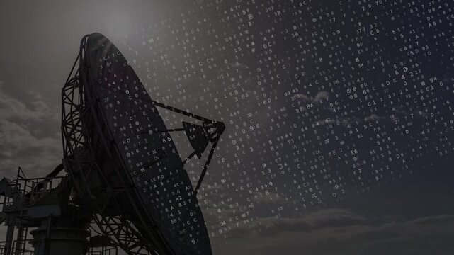 Set of two seamless loop technology videos featuring a satellite communication dish silhouette with animated hexadecimal code overlay, available in monochrome and color versions