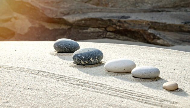 Arrangement of Smooth Zen Stones on Raked Sand in a Tranquil Garden Setting