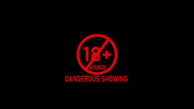 Abstract 18+ not allowed dangerous showing icon red color animation on transparent movie. Under 18 sign warning symbol warning adult. 18+ not allowed video animation on black background.
