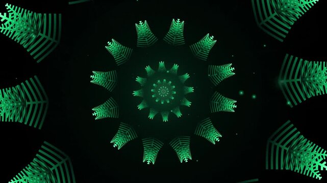 Green kaleidoscope abstract motion, glowing geometric mandala pattern on black, futuristic digital background loop for music visuals