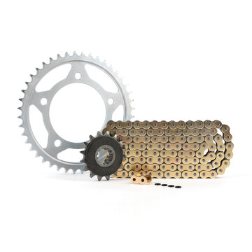 Motorcycle drive chain and sprockets kit isolated on white background.