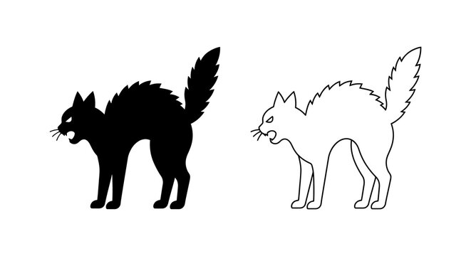 Silhouette of an arched back cat with raised fur and a snarling expression