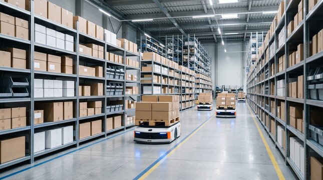 Automated warehouse robots transport boxes on pallets between tall shelves filled with goods