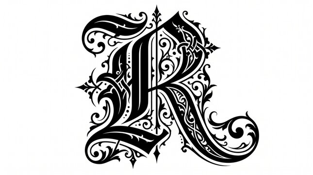 Ornate Gothic Letter R Black And White Calligraphy