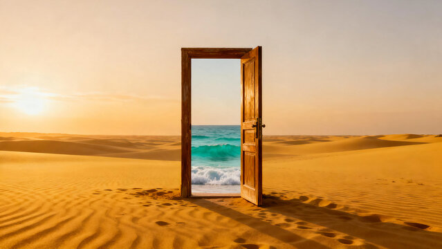 Surreal Door Connecting Desert and Ocean