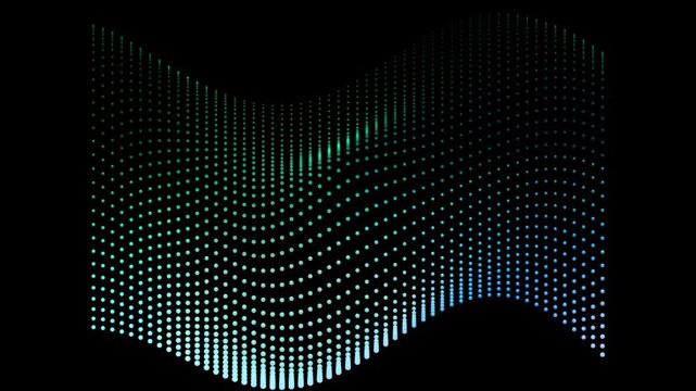 Abstract digital wave of glowing dots, futuristic cyan and green light particles, motion graphic background for technology and data visualization