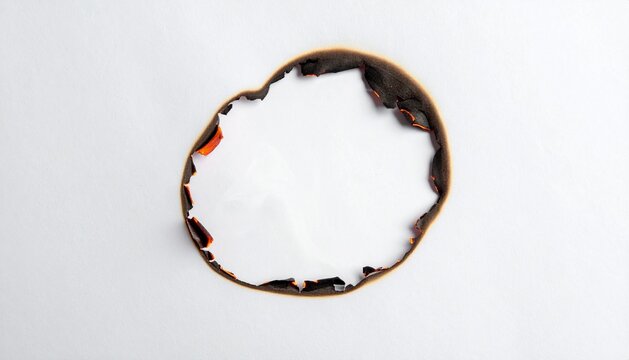 Burnt Circular Hole in White Paper with Scorched Edges and Glowing Embers