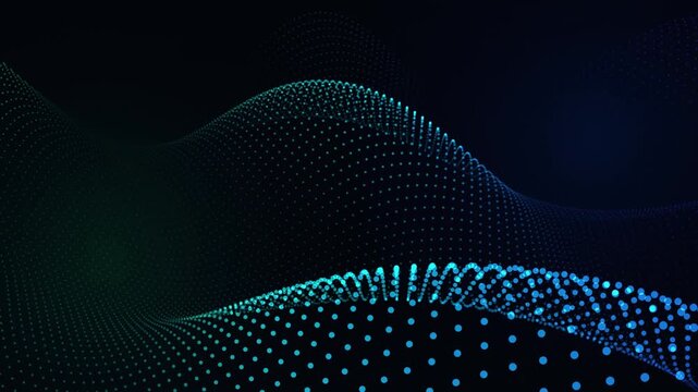 Abstract digital wave of glowing blue particles, futuristic data network background, flowing cyan light dots for technology and science visuals