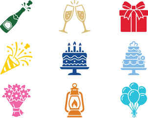 Naklejka premium A collection of colorful pixel art icons representing celebration and party elements like champagne, cake, gifts, and balloons