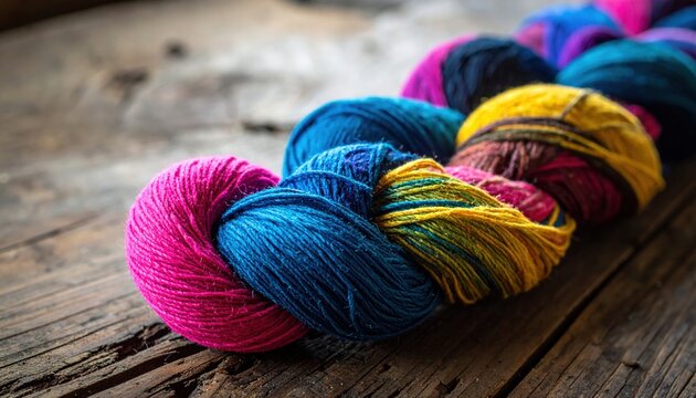 Braided strands of vibrant, multicolored yarn with rich textures on a wooden surface