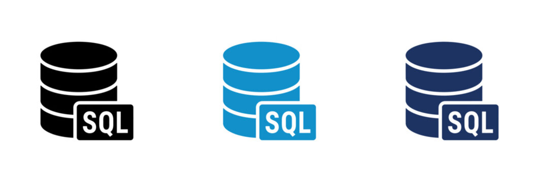 SQL Database Server Icon Set in Black and Blue Colors for Data Management.