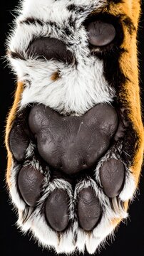 Macro Close-Up of Tiger Paw Pads and Fur Isolated on Black Background