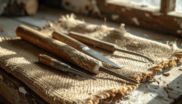 Collection of Vintage Woodworking Chisels Arranged on Rough Burlap Fabric, Showcasing Antique Craftsmanship