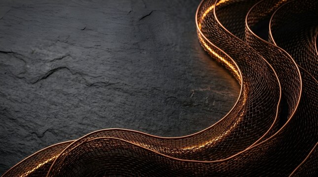 Abstract golden mesh waves on dark stone texture, curved metallic lines, wavy copper pattern, seamless ornamental border, luxury background, modern design element