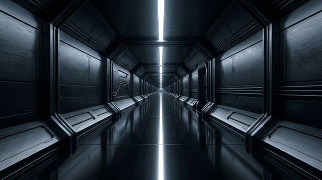 Futuristic sci-fi spaceship corridor interior, dark metallic hallway with glowing central light strip, high-tech tunnel concept with reflective floor and industrial design texture