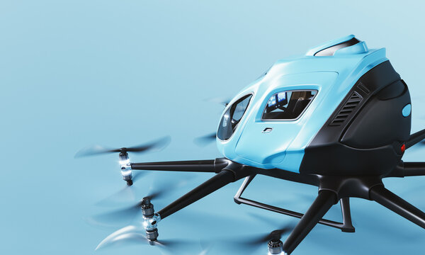 Flying car concept on blue background with copy space. Future car. Flying transport. 3D Rendering, 3D Illustration