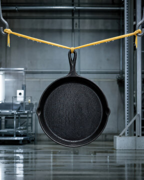 Cast iron skillet hanging from yellow cord tension test industrial setting