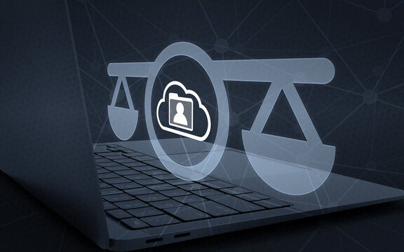 Digital scale of justice with a personal cloud icon floating above a laptop keyboard, representing legal tech, data privacy law, and digital rights in cyberspace.