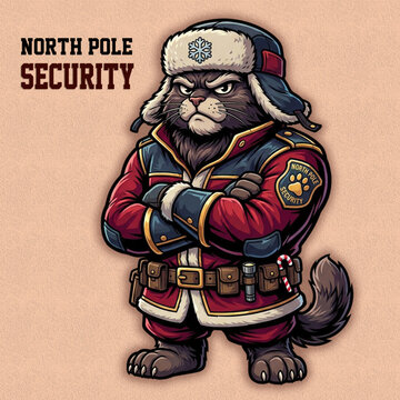 Anthropomorphic cat dressed as security guard stands with arms crossed