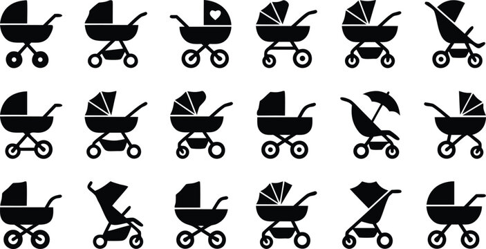 Baby stroller icon set with prams pushchairs and infant carriage symbols