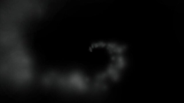 Abstract white smoke swirling in a spiral pattern on a dark black background motion graphic