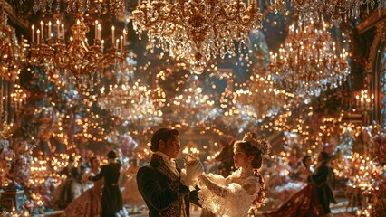 Obraz premium Intimate moment of a couple dancing under glowing ballroom lights