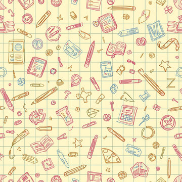 Seamless pattern of hand drawn school supplies on grid paper background. Doodle illustration of pencils and notebooks for back to school stationery.