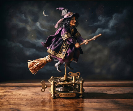 decorative miniature figurine of a witch flying on a broom mounted on an ornate brass clockwork base.