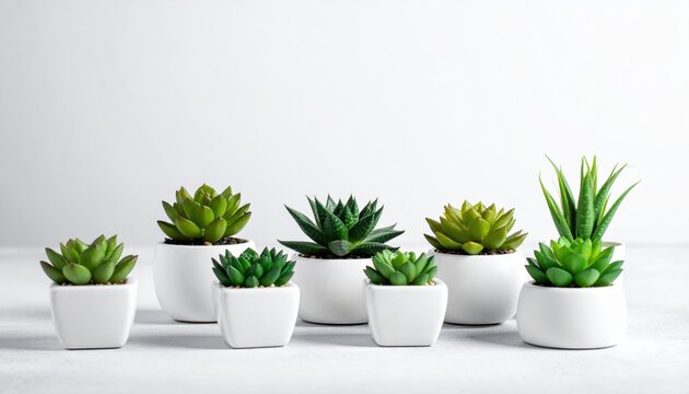 Collection of Miniature Succulent Plants in White Pots on a Clean Surface