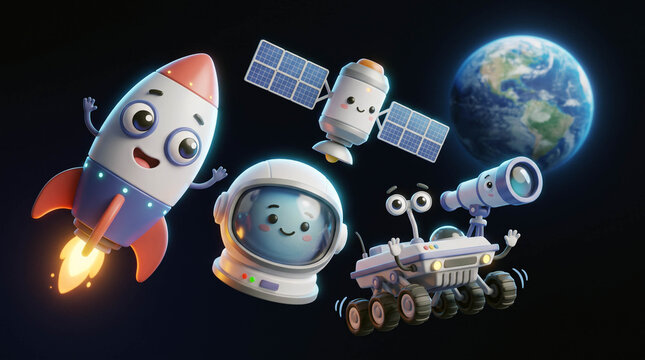 A miniature space diorama inside a glass display case featuring a rocket, rover, satellite, and astronaut figures