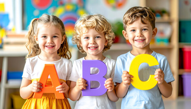 Happy children holding colorful ABC letters in classroom